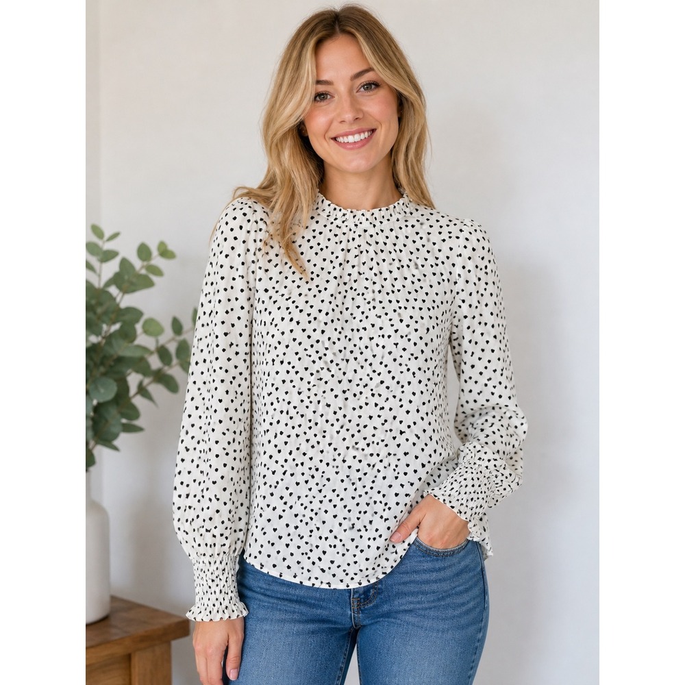 RACHEL ZOE Blouse Women's XL White Black Heart Print Ruffle Neck Long Sleeve EUC